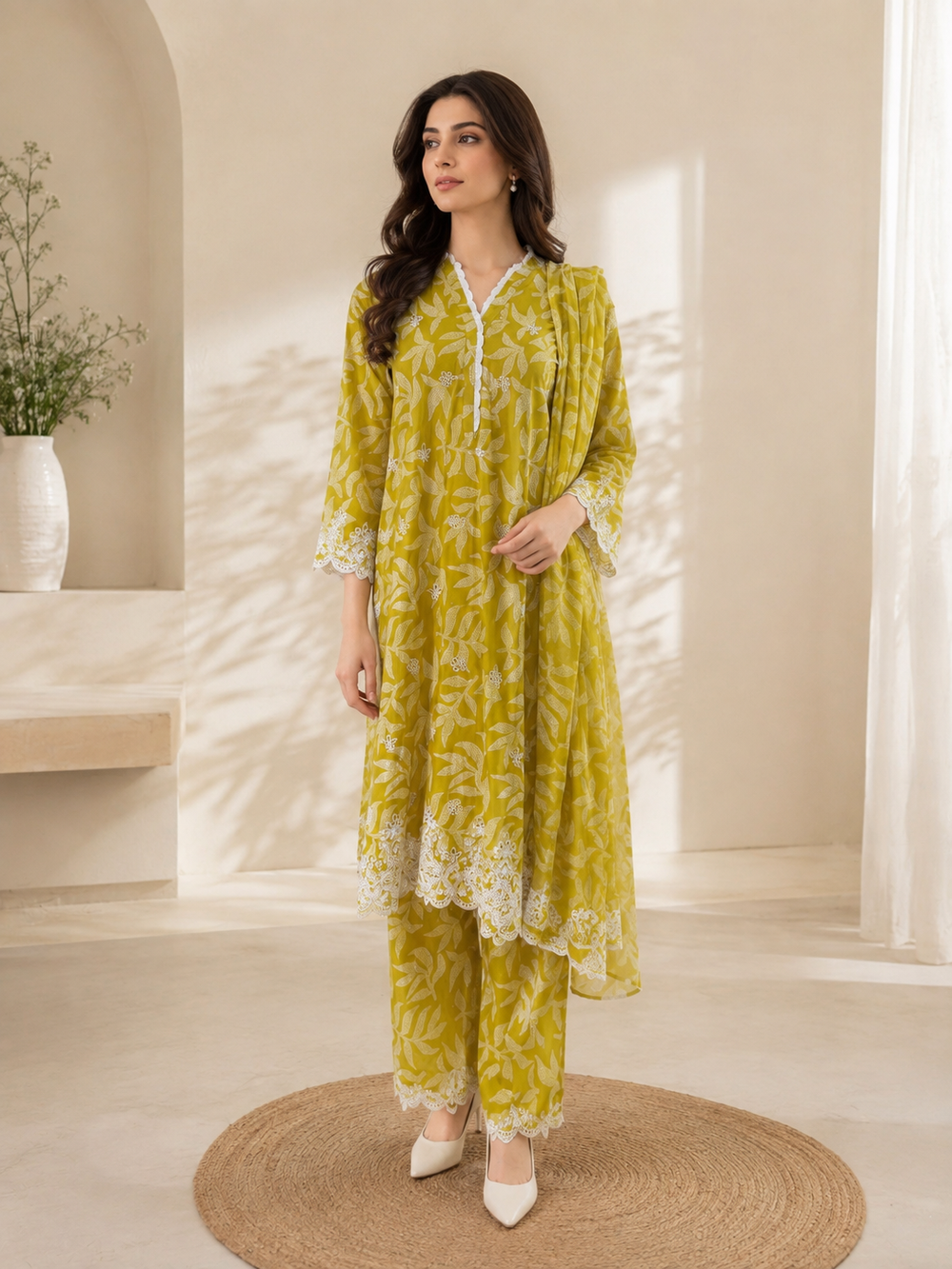Woman wearing a lime green leaf print tunic and trousers with white lace trim