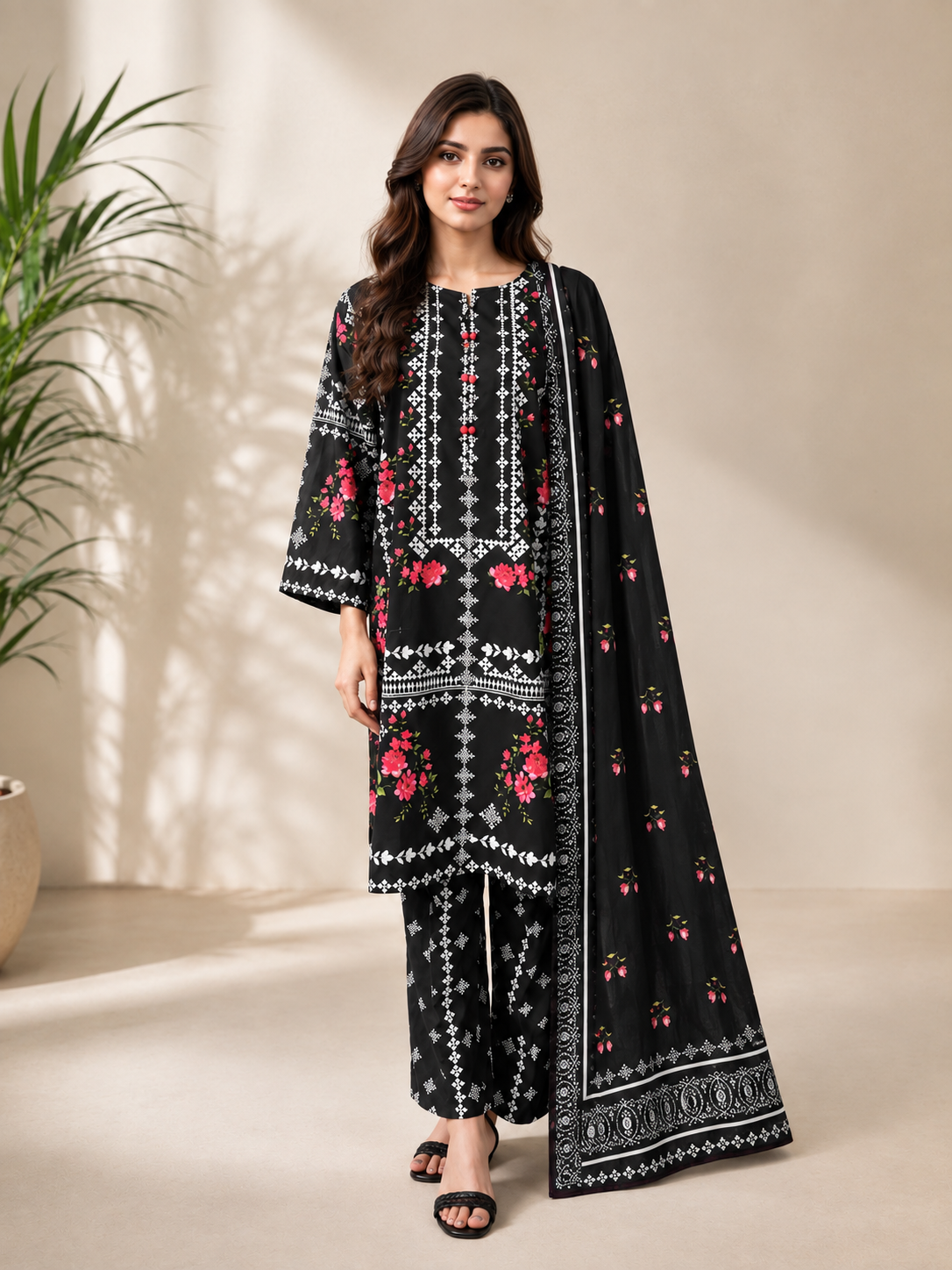 Woman wearing a black floral printed tunic and trousers with a matching dupatta