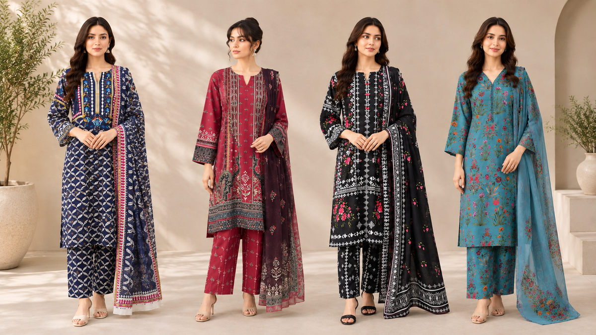 Four models wearing patterned three piece shalwar kameez sets in blue maroon black and teal
