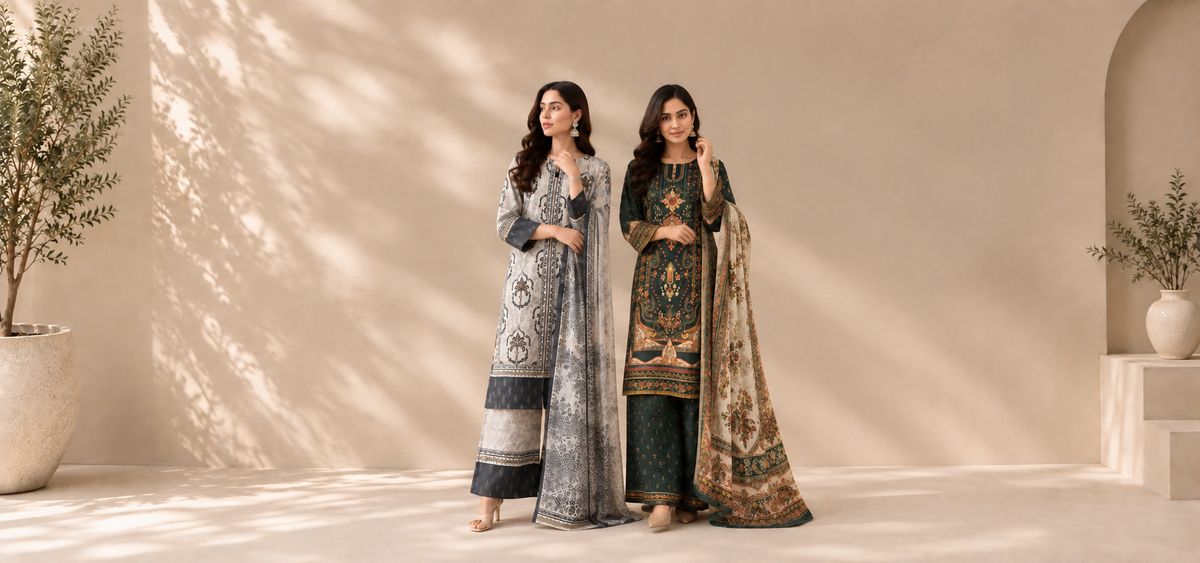 Two women wearing traditional South Asian shalwar kameez with patterned fabric and matching dupattas