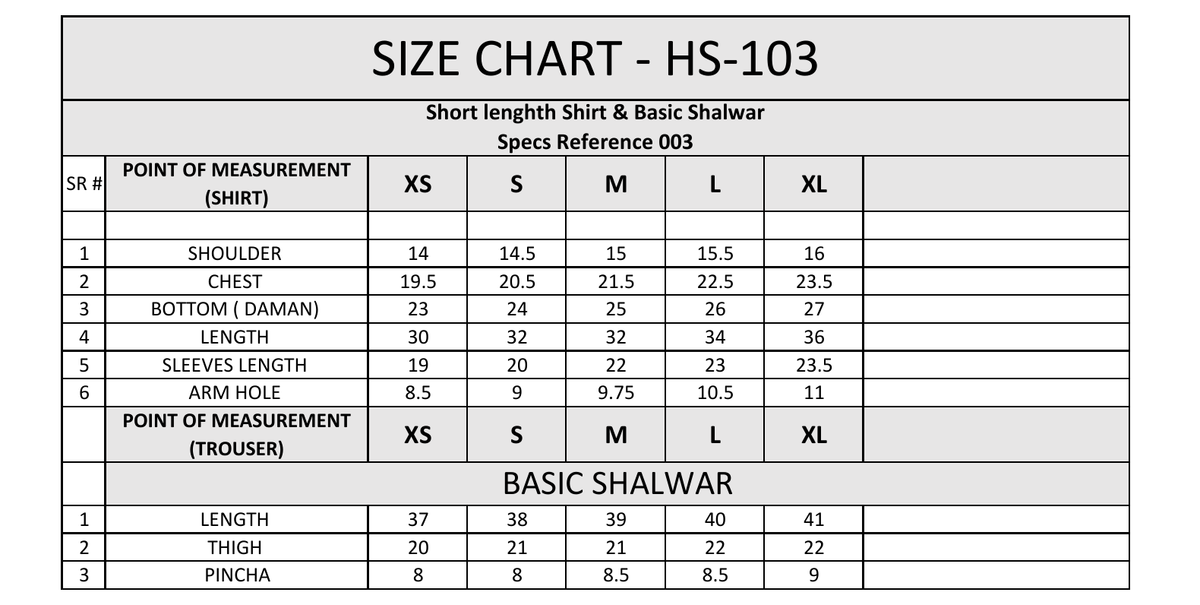 Size chart for HS-103 short length shirt and basic shalwar with measurements for sizes XS to XL
