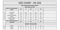 Size chart for HS-103 short length shirt and basic shalwar with measurements for sizes XS to XL