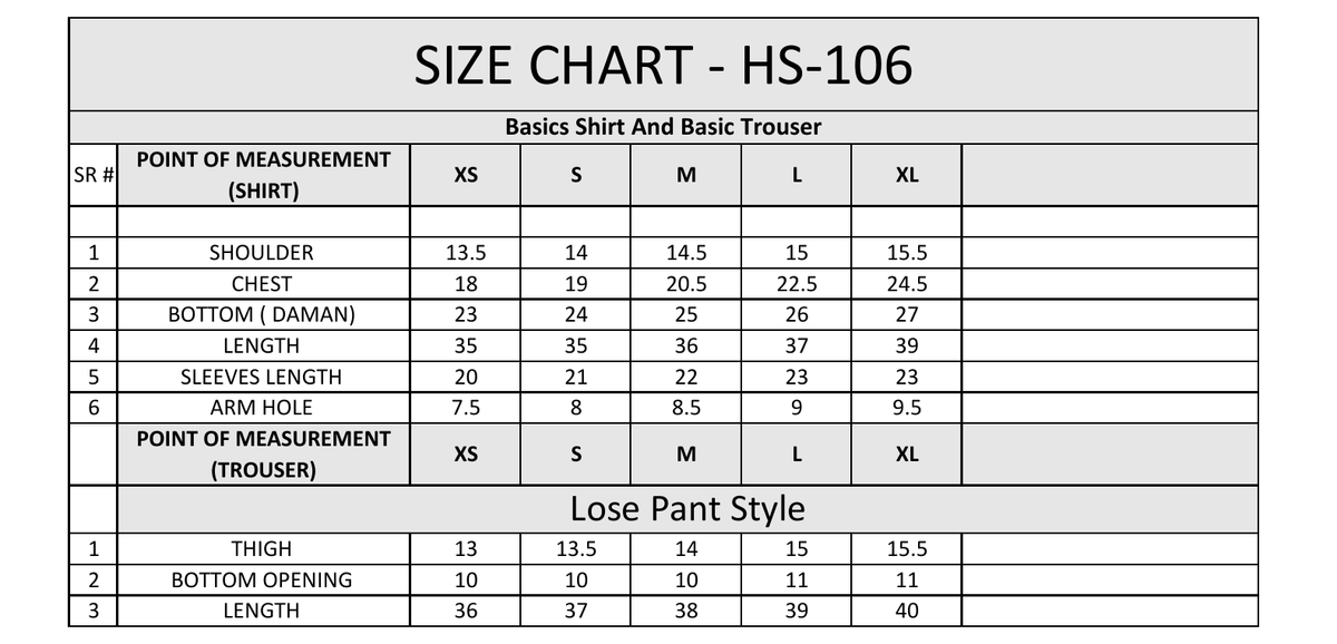 Size chart table for shirt and trouser measurements in sizes XS to XL