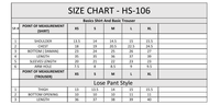 Size chart table for shirt and trouser measurements in sizes XS to XL