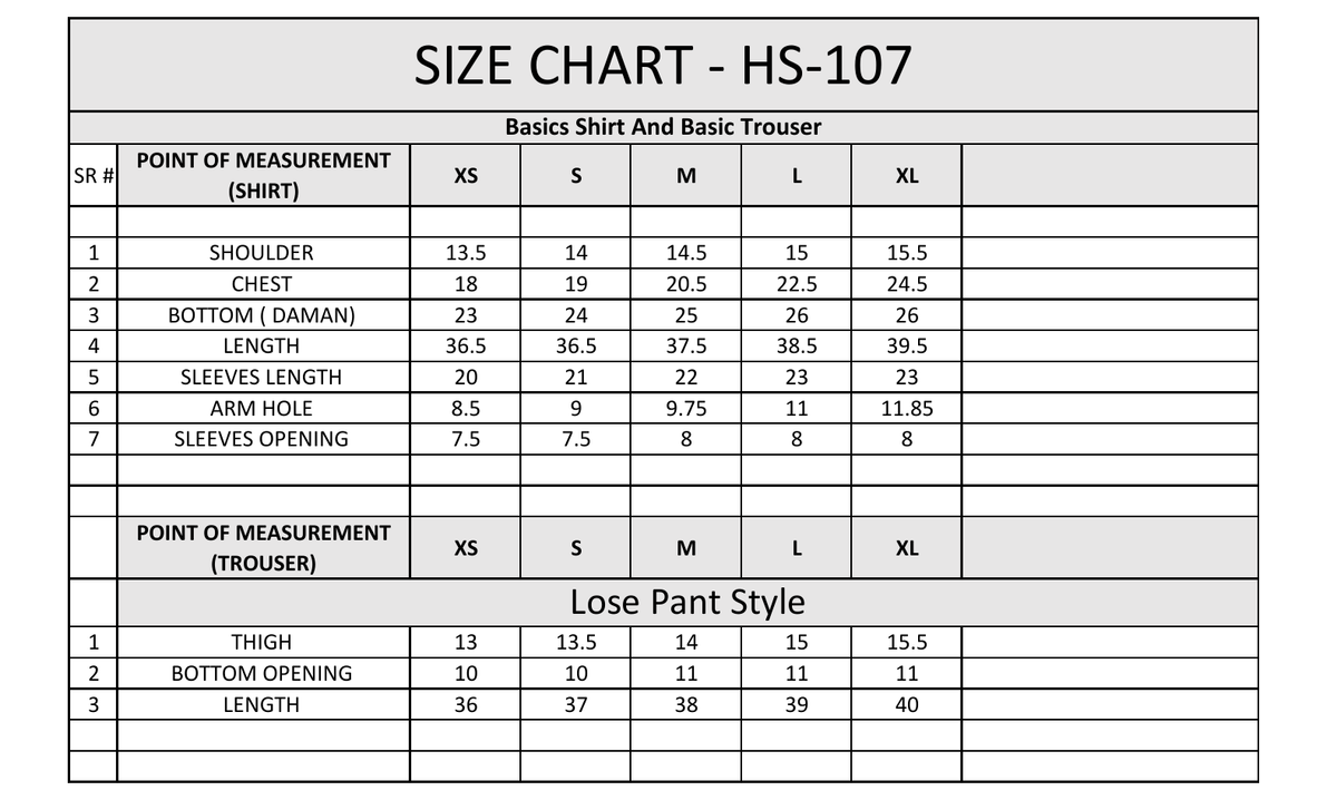 Size chart for HS-107 basics shirt and trouser showing measurements for sizes XS to XL
