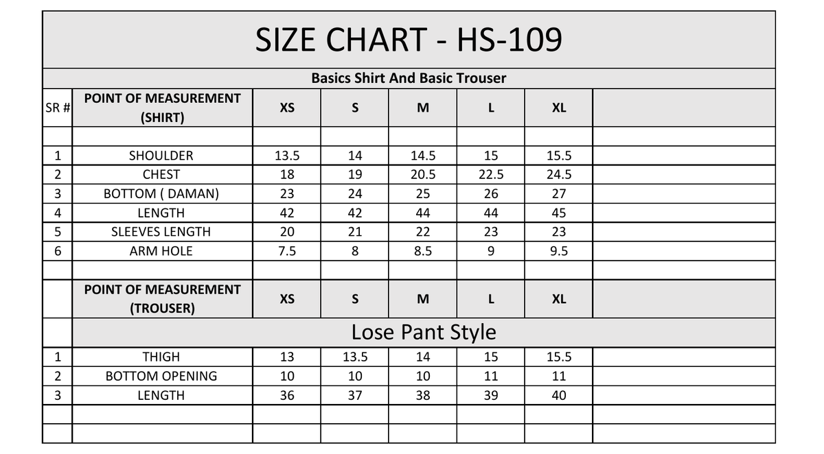 Size chart table for shirt and trousers showing measurements for sizes XS to XL