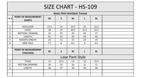 Size chart table for shirt and trousers showing measurements for sizes XS to XL