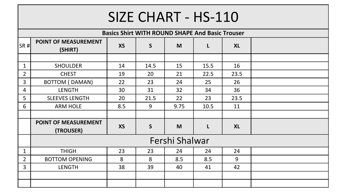 Size chart for HS-110 shirt and fershi shalwar with measurements for sizes XS to XL