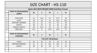 Size chart for HS-110 shirt and fershi shalwar with measurements for sizes XS to XL
