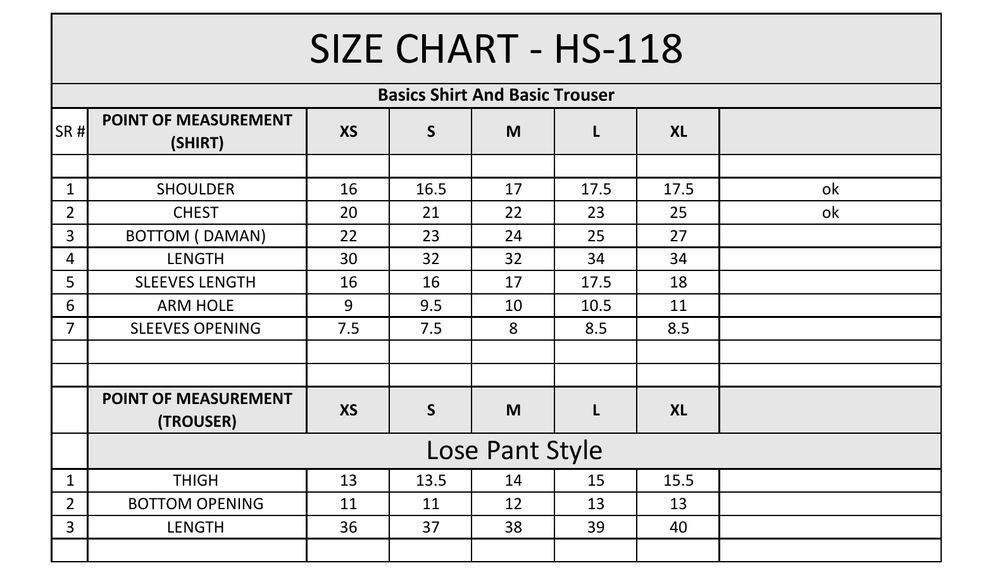 Size chart table for HS-118 basics shirt and lose pant style with measurements for sizes XS to XL