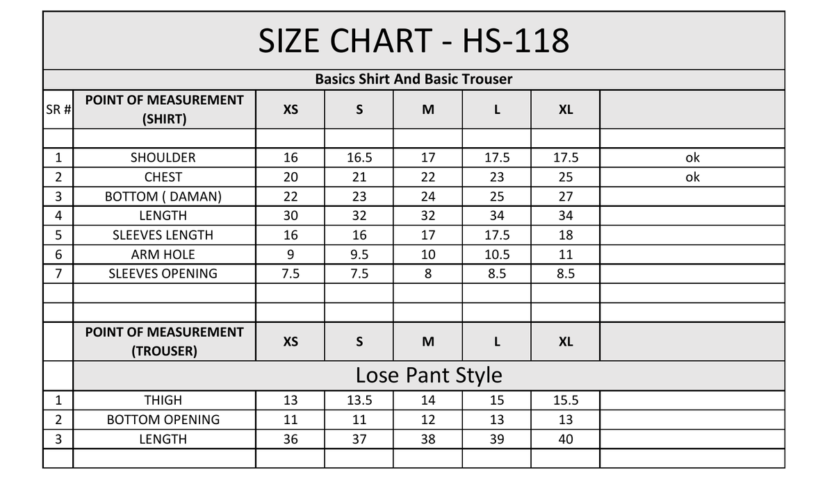 Size chart table for HS-118 basics shirt and lose pant style with measurements for sizes XS to XL