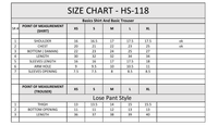 Size chart table for HS-118 basics shirt and lose pant style with measurements for sizes XS to XL