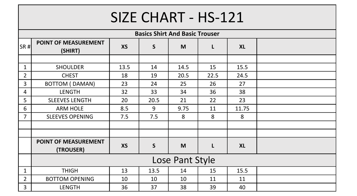 Size chart table for shirt and trouser style HS-121 showing measurements for sizes extra small to extra large